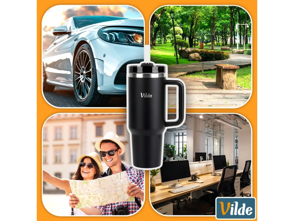 Vilde Travel Mug Steel, Stainless Steel Thermos 1.2lt with Straw and Handle, Black