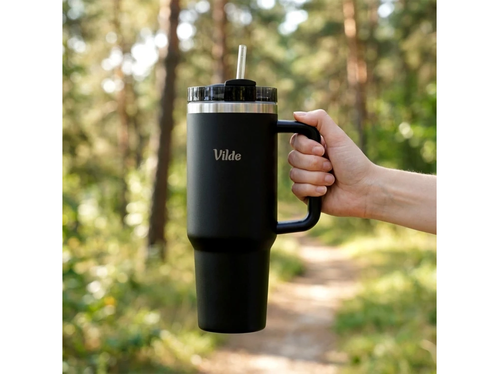 Vilde Travel Mug Steel, Stainless Steel Thermos 1.2lt with Straw and Handle, Black
