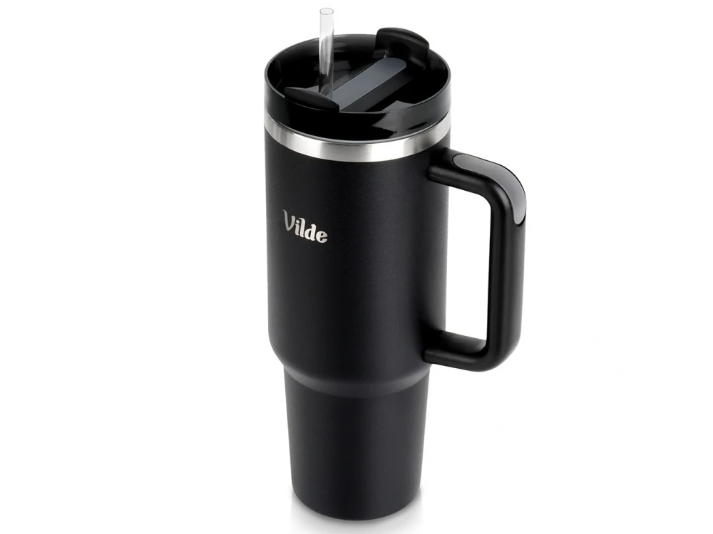 Vilde Travel Mug Steel, Stainless Steel Thermos 1.2lt with Straw and Handle, Black