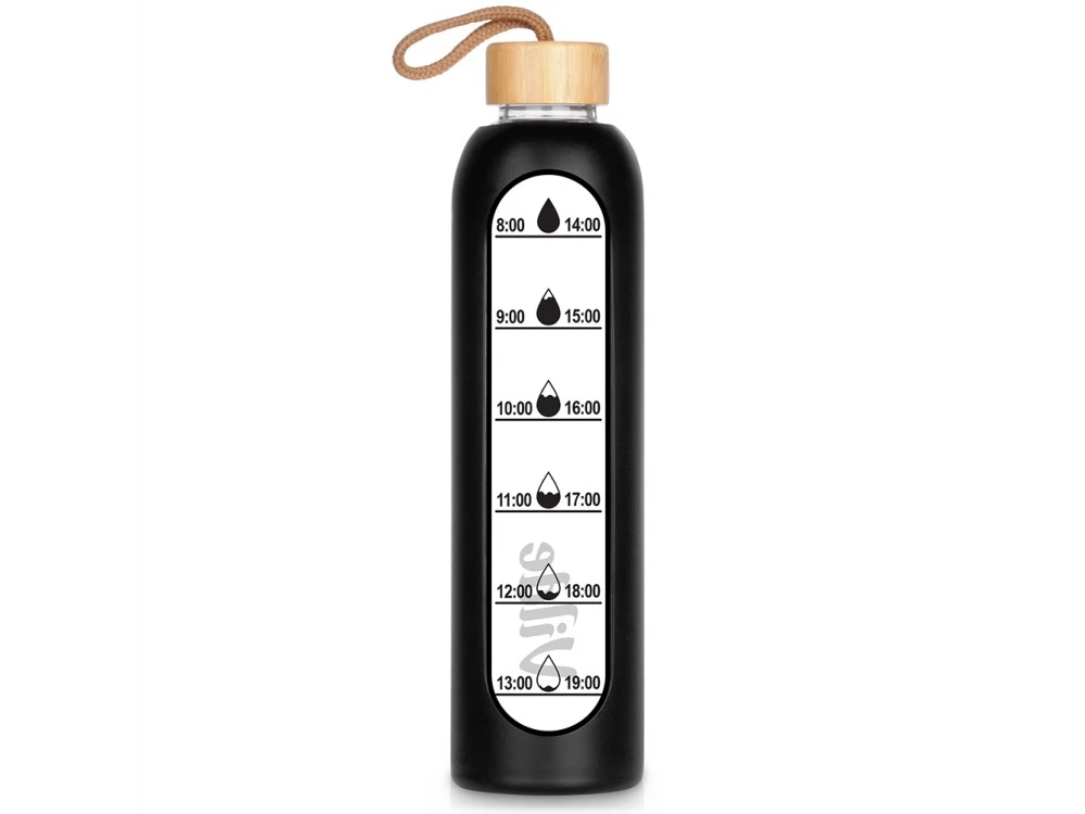 Vilde Water Bottle Glass 1L, Γυάλινο Μπουκάλι με Δείκτη Χρόνου Καπάκι από Μπαμπού Αεροστεγές & Κλείσιμο Κάλυμμα Σιλικόνης, Black
