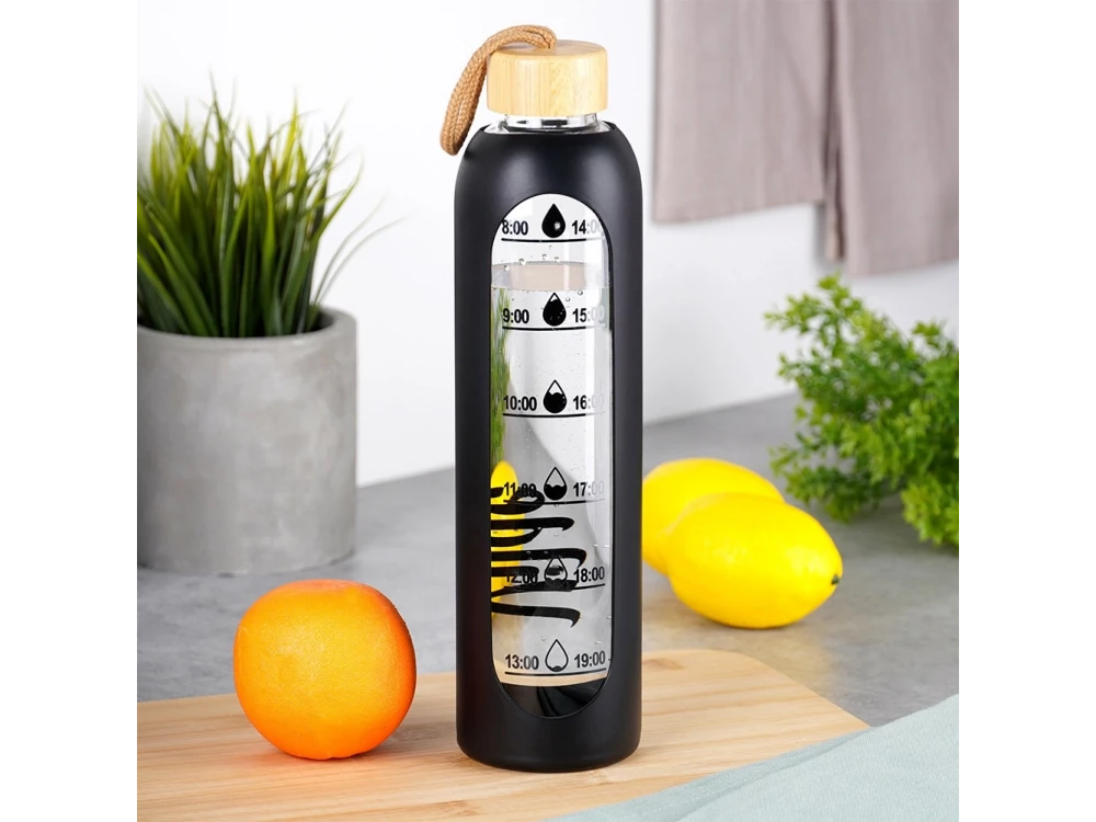Vilde Water Bottle Glass 1L, Γυάλινο Μπουκάλι με Δείκτη Χρόνου Καπάκι από Μπαμπού Αεροστεγές & Κλείσιμο Κάλυμμα Σιλικόνης, Black