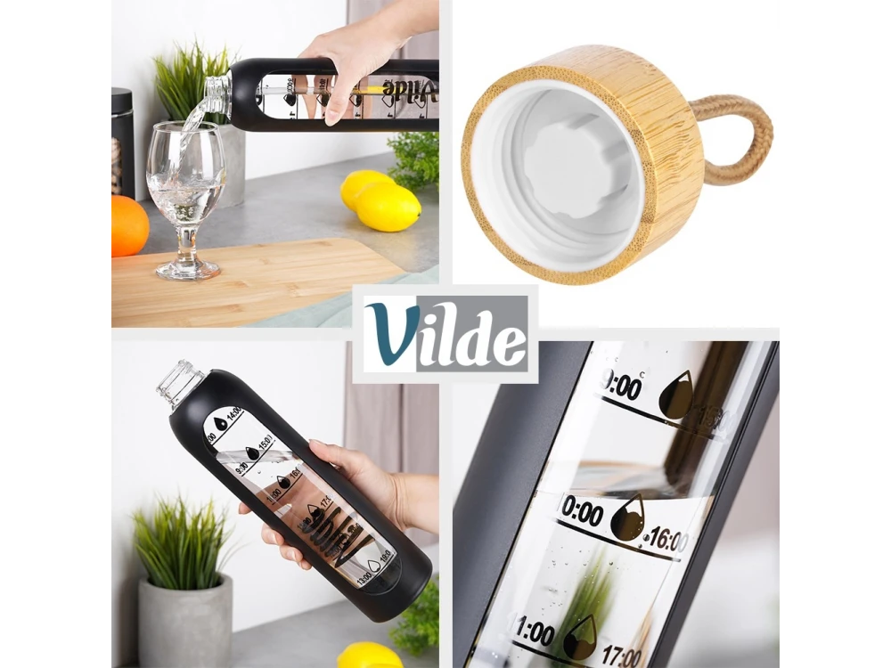 Vilde Water Bottle Glass 1L, Γυάλινο Μπουκάλι με Δείκτη Χρόνου Καπάκι από Μπαμπού Αεροστεγές & Κλείσιμο Κάλυμμα Σιλικόνης, Black