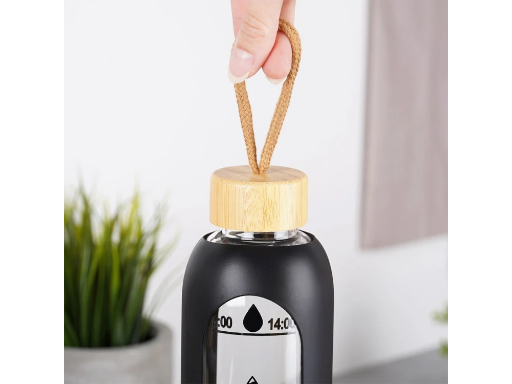 Vilde Water Bottle Glass 1L, Γυάλινο Μπουκάλι με Δείκτη Χρόνου Καπάκι από Μπαμπού Αεροστεγές & Κλείσιμο Κάλυμμα Σιλικόνης, Black