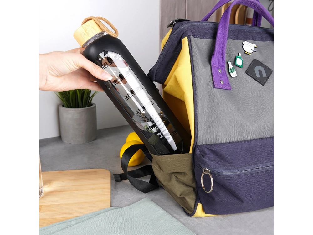 Vilde Water Bottle Glass 1L, Γυάλινο Μπουκάλι με Δείκτη Χρόνου Καπάκι από Μπαμπού Αεροστεγές & Κλείσιμο Κάλυμμα Σιλικόνης, Black