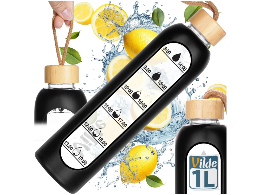 Vilde Water Bottle Glass 1L, Γυάλινο Μπουκάλι με Δείκτη Χρόνου Καπάκι από Μπαμπού Αεροστεγές & Κλείσιμο Κάλυμμα Σιλικόνης, Black