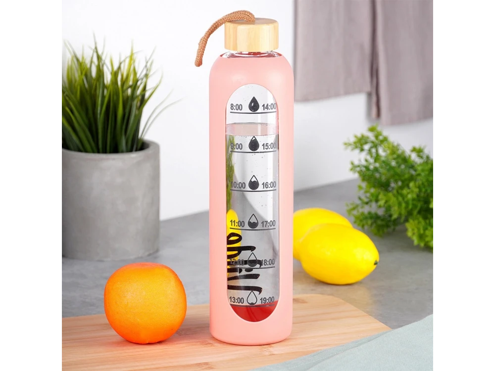 Vilde Water Bottle Glass 1L, Glass Bottle with Time Indicator, Airtight Bamboo Lid & Silicone Lid, Pink