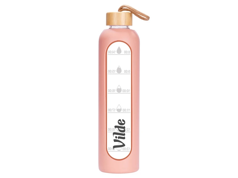 Vilde Water Bottle Glass 1L, Glass Bottle with Time Indicator, Airtight Bamboo Lid & Silicone Lid, Pink