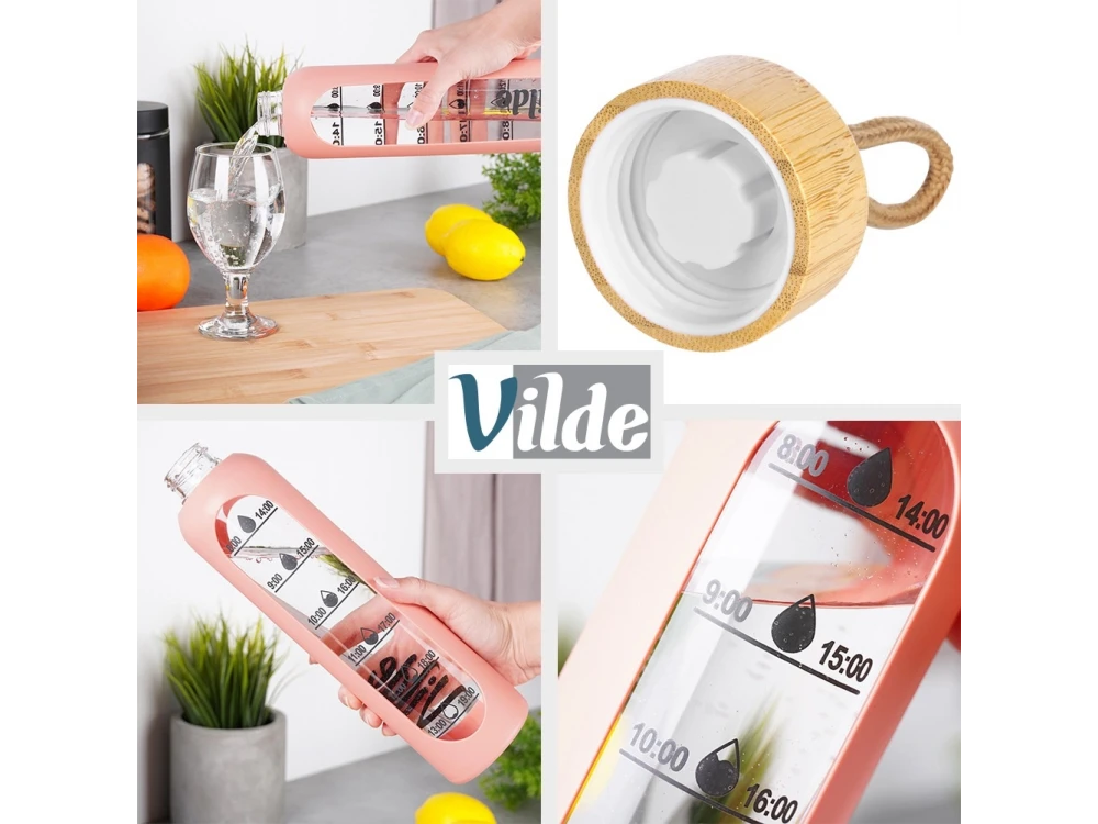 Vilde Water Bottle Glass 1L, Glass Bottle with Time Indicator, Airtight Bamboo Lid & Silicone Lid, Pink