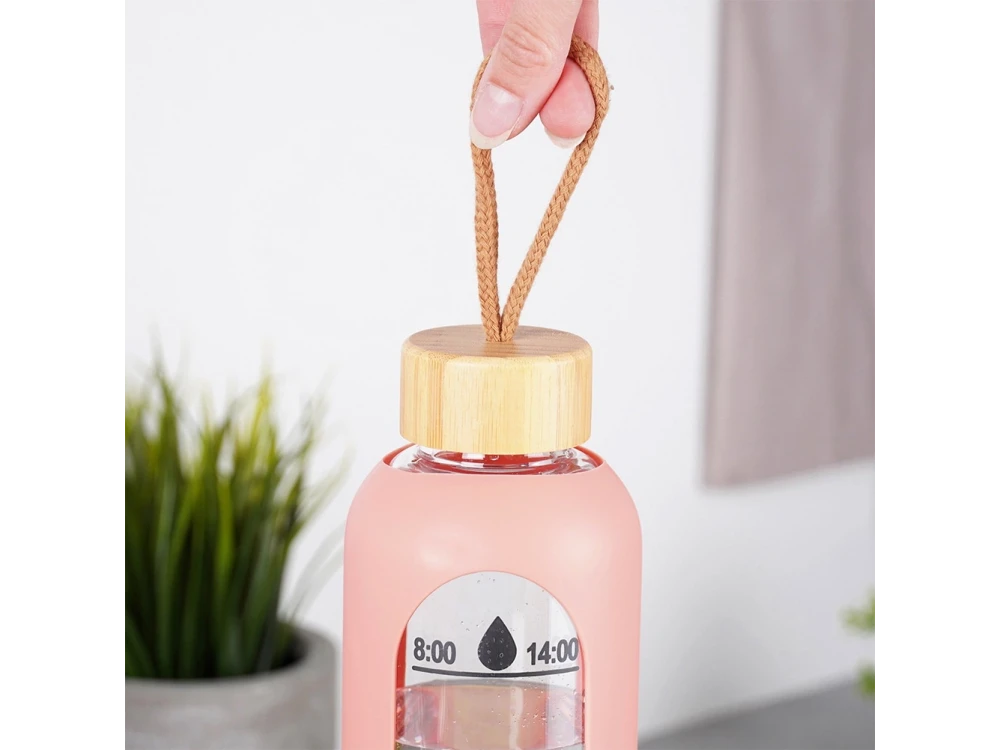 Vilde Water Bottle Glass 1L, Glass Bottle with Time Indicator, Airtight Bamboo Lid & Silicone Lid, Pink