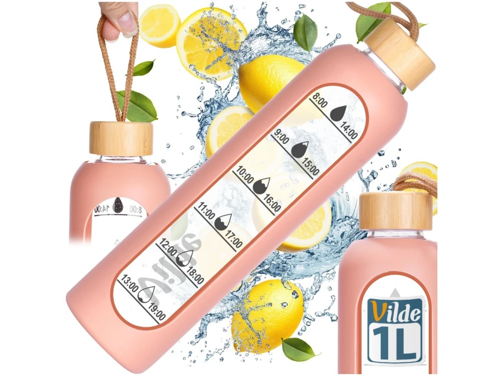 Vilde Water Bottle Glass 1L, Glass Bottle with Time Indicator, Airtight Bamboo Lid & Silicone Lid, Pink