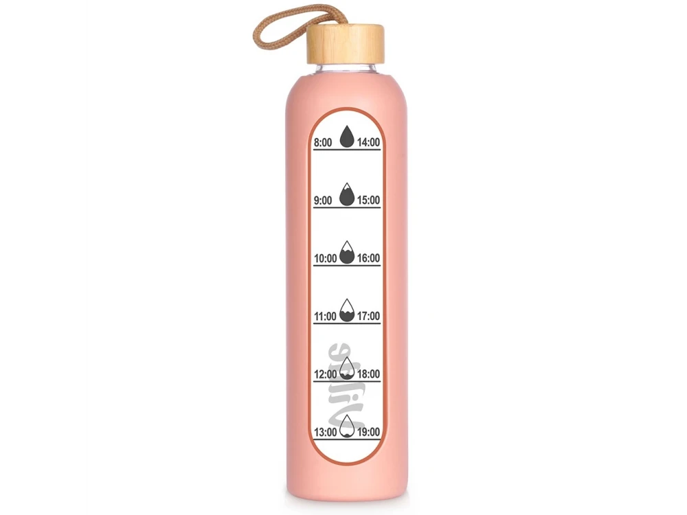 Vilde Water Bottle Glass 1L, Glass Bottle with Time Indicator, Airtight Bamboo Lid & Silicone Lid, Pink