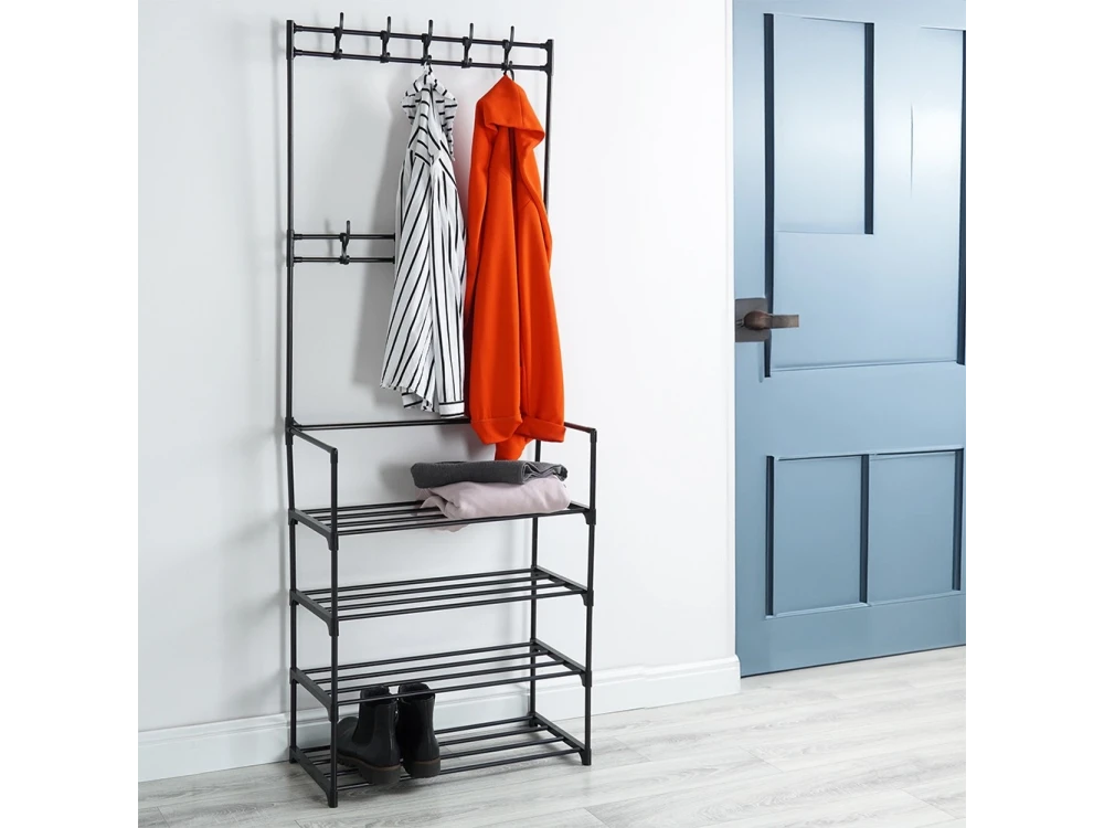 Vilde Metal Entryway Furniture with Hangers & Shoe Rack, 57x28x156cm, Black