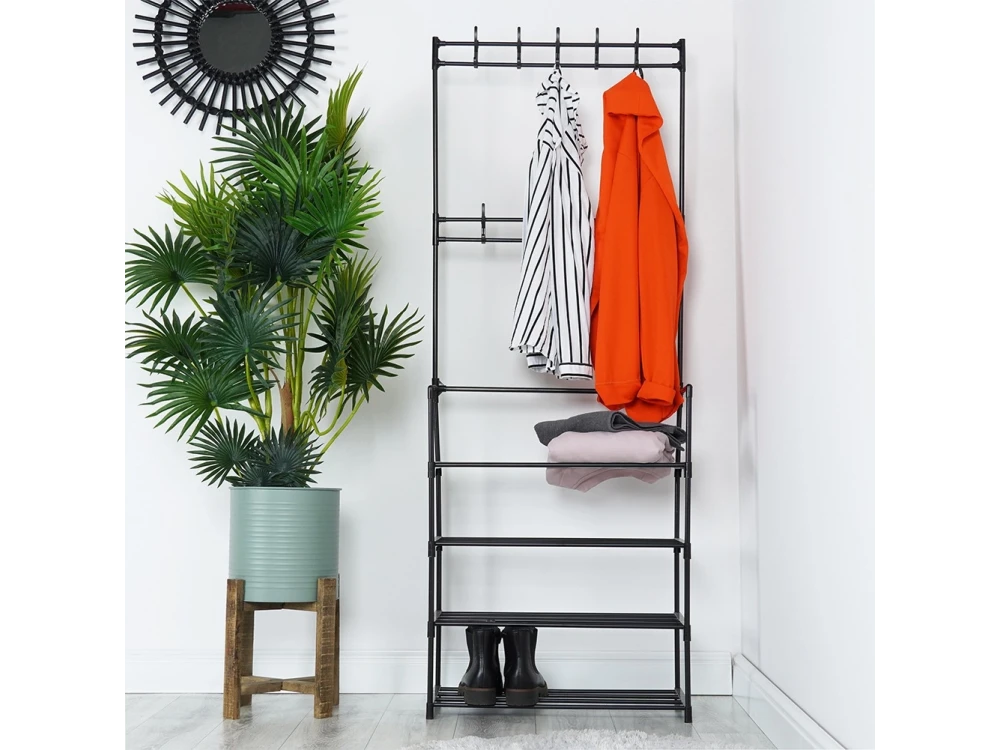 Vilde Metal Entryway Furniture with Hangers & Shoe Rack, 57x28x156cm, Black