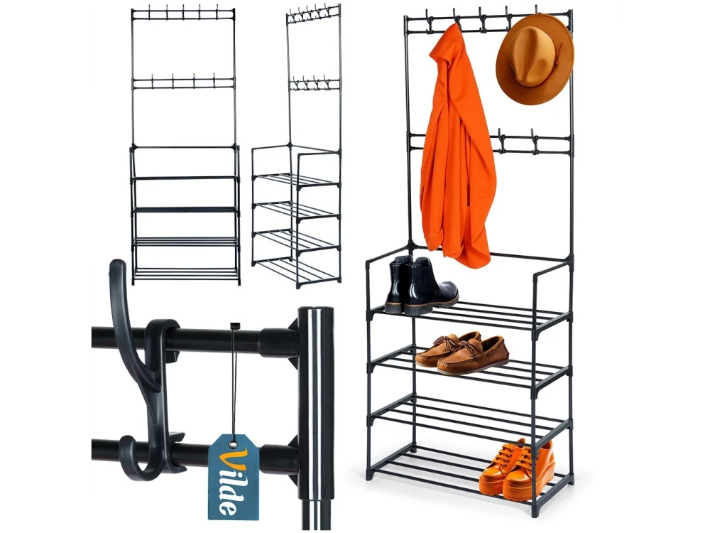 Vilde Metal Entryway Furniture with Hangers & Shoe Rack, 57x28x156cm, Black