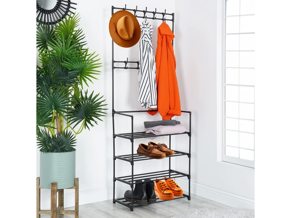 Vilde Metal Entryway Furniture with Hangers & Shoe Rack, 57x28x156cm, Black