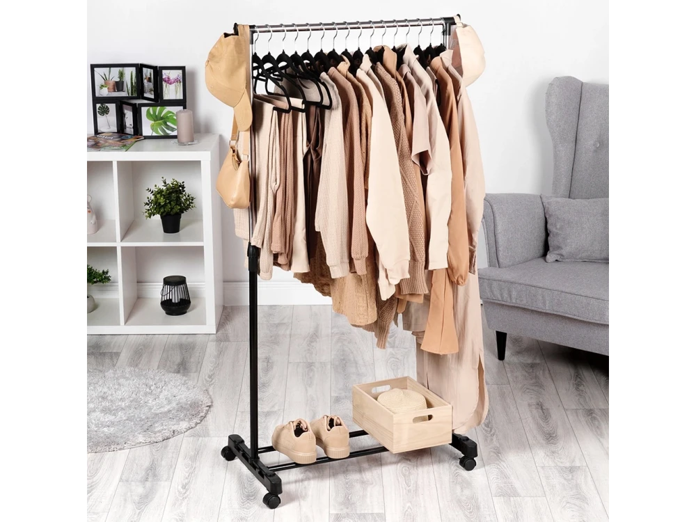 Vilde Metal Floor Clothes Hanger with Wheels, Extendable in Height and Lower Shelf 72x42x140cm, Black