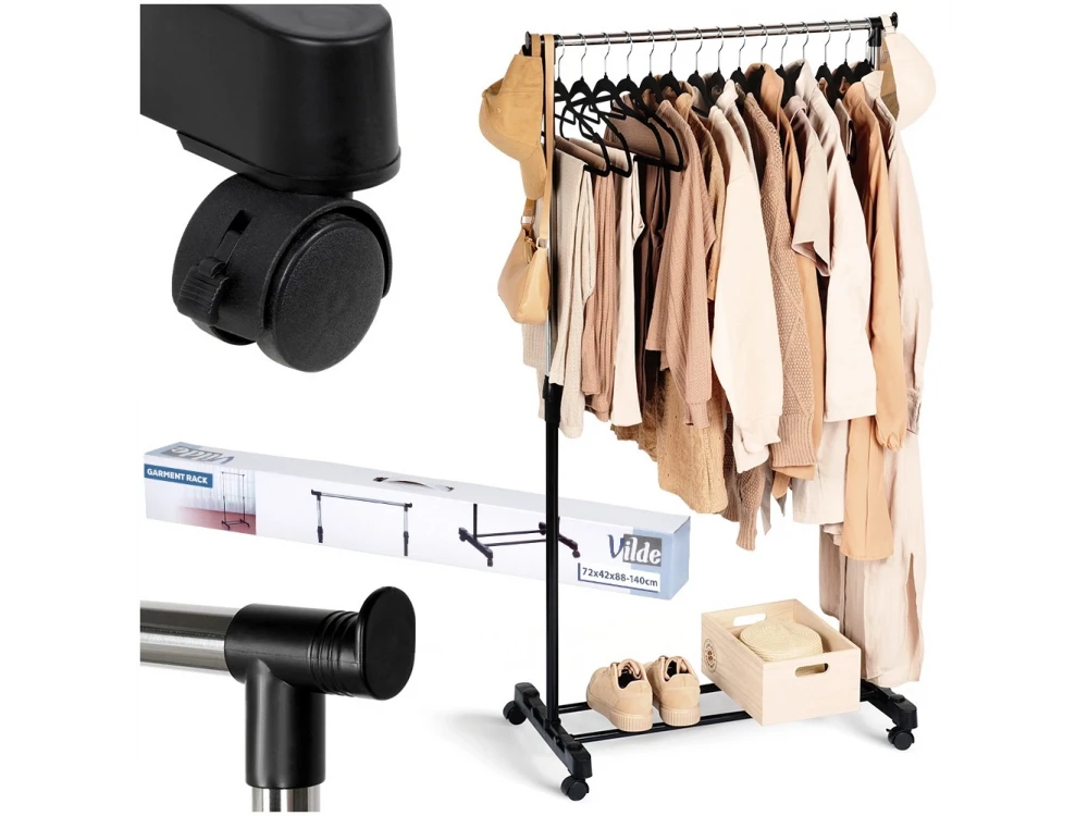 Vilde Metal Floor Clothes Hanger with Wheels, Extendable in Height and Lower Shelf 72x42x140cm, Black