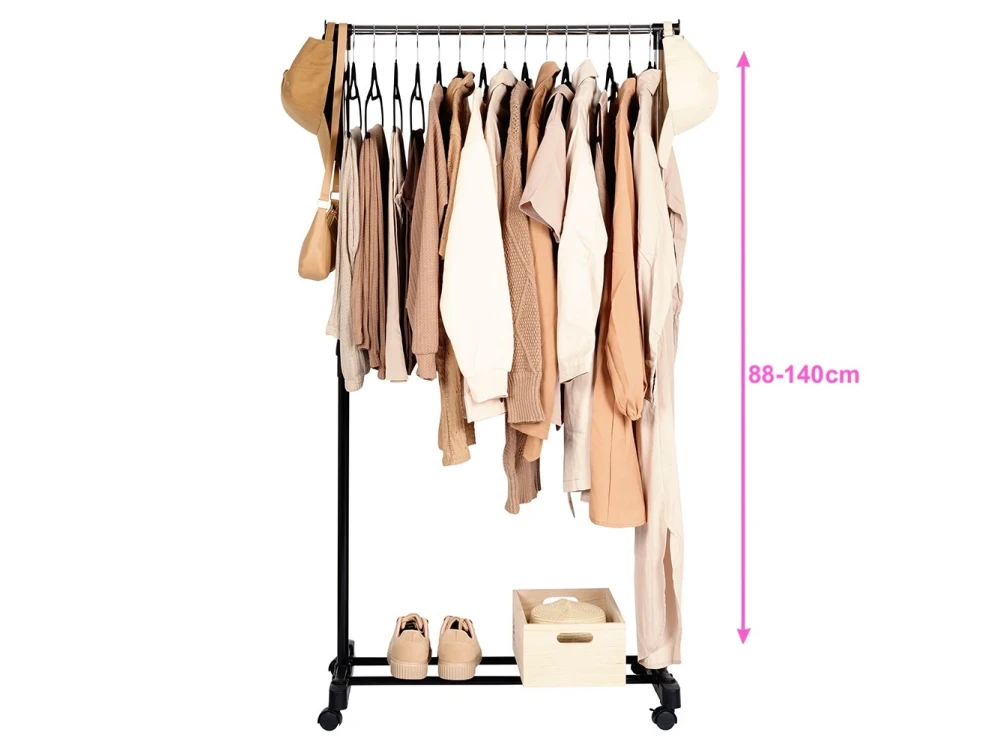 Vilde Metal Floor Clothes Hanger with Wheels, Extendable in Height and Lower Shelf 72x42x140cm, Black