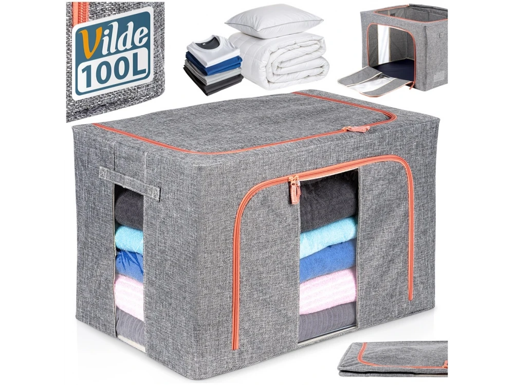 Vilde Fabric Case / Clothes Storage Box 100L 60x42x40cm with 2 Openings/Window, Gray