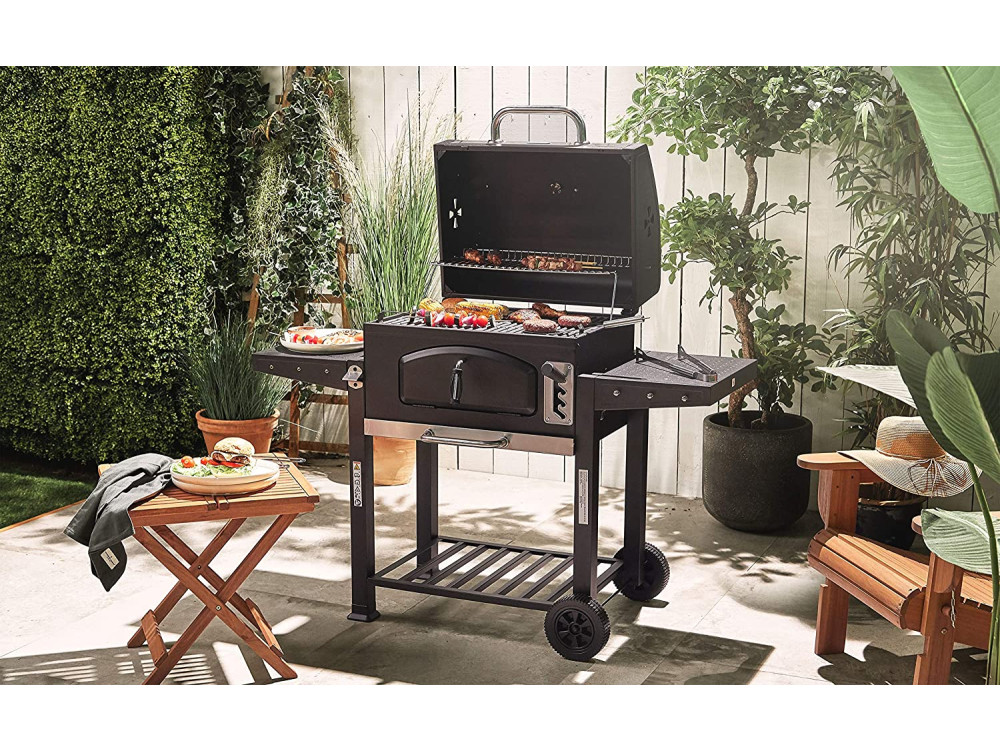 VonHaus Charcoal Grill 60x40cm BBQ 2-in-1 American Style Grill & Smoker, Height adjustable - 2500250