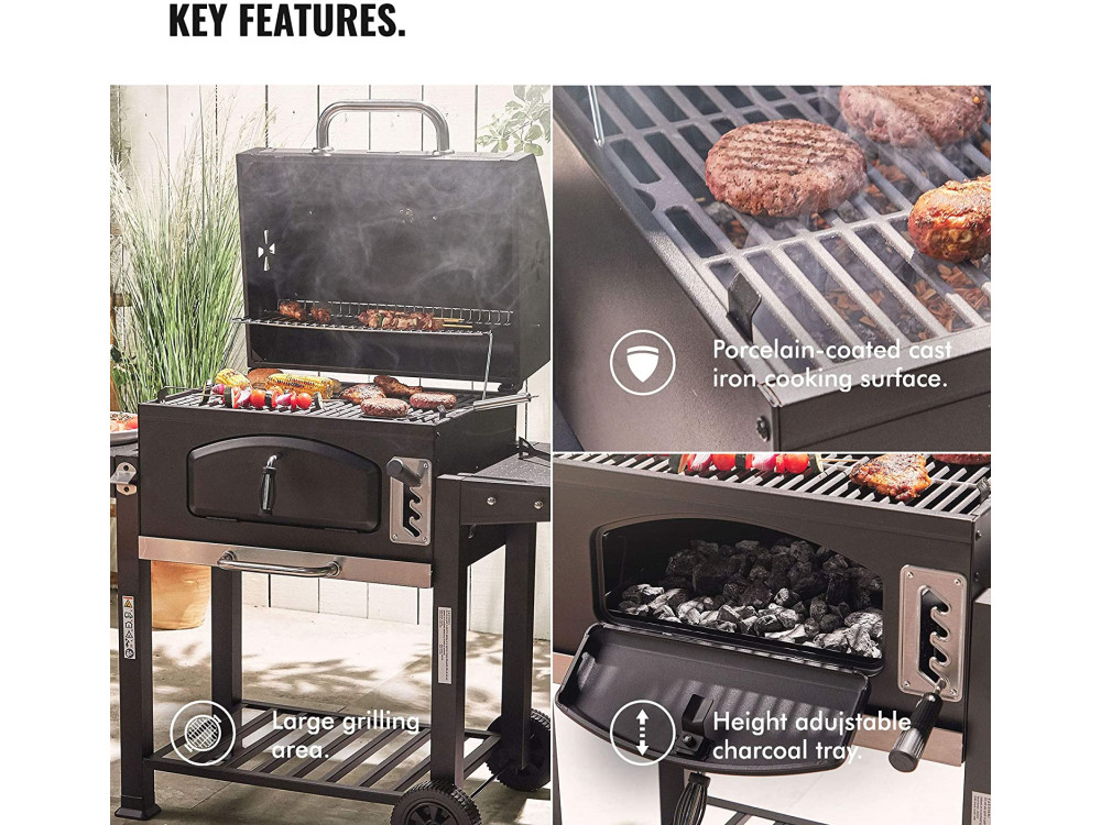 VonHaus Charcoal Grill 60x40cm BBQ 2-in-1 American Style Grill & Smoker, Height adjustable - 2500250