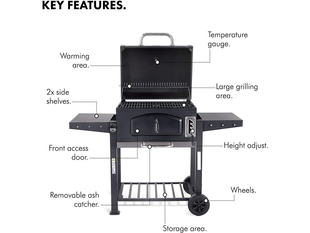 VonHaus Charcoal Grill 60x40cm BBQ 2-in-1 American Style Grill & Smoker, Height adjustable - 2500250