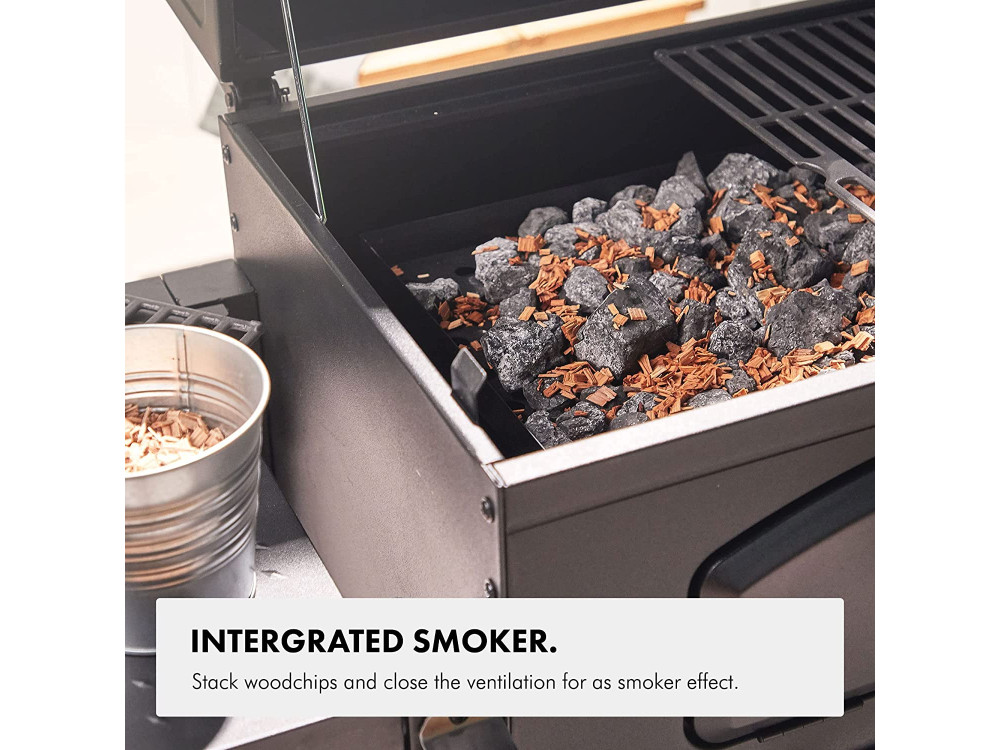 VonHaus Charcoal Grill 60x40cm BBQ 2-in-1 American Style Grill & Smoker, Height adjustable - 2500250