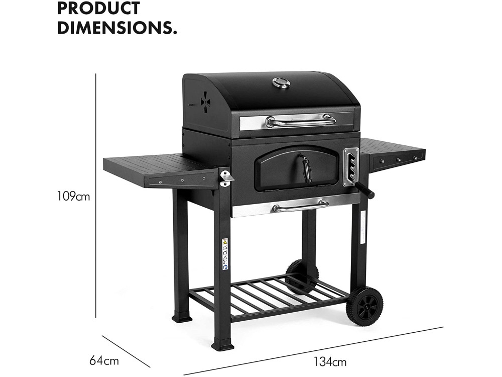 VonHaus Charcoal Grill 60x40cm BBQ 2-in-1 American Style Grill & Smoker, Height adjustable - 2500250