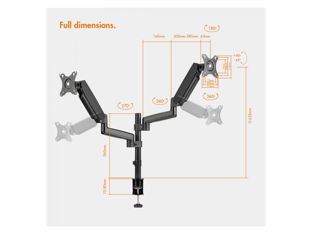 VonHaus Dual Arm Desk Mount with Clamp, Pole Full Motion Βάση για 2 Οθόνες 13”-32”, Gas Spring έως 8kg