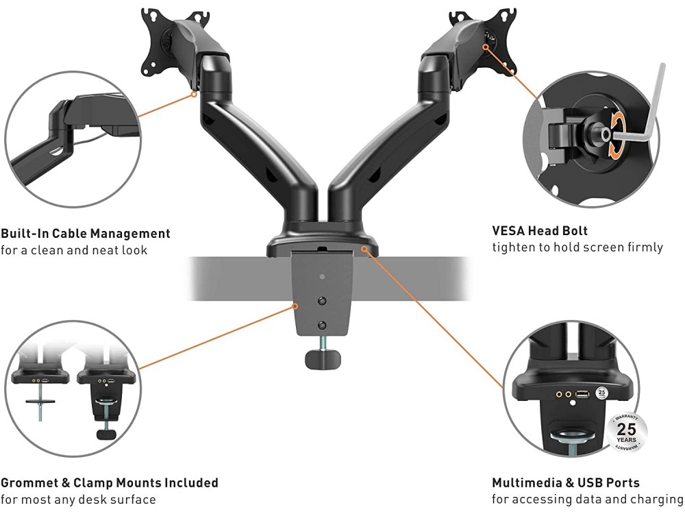 VonHaus Dual Arm Desk Mount with Clamp, Full Motion Βάση για 2 Οθόνες 17”-27”, Gas Spring έως 12kg - 3005119