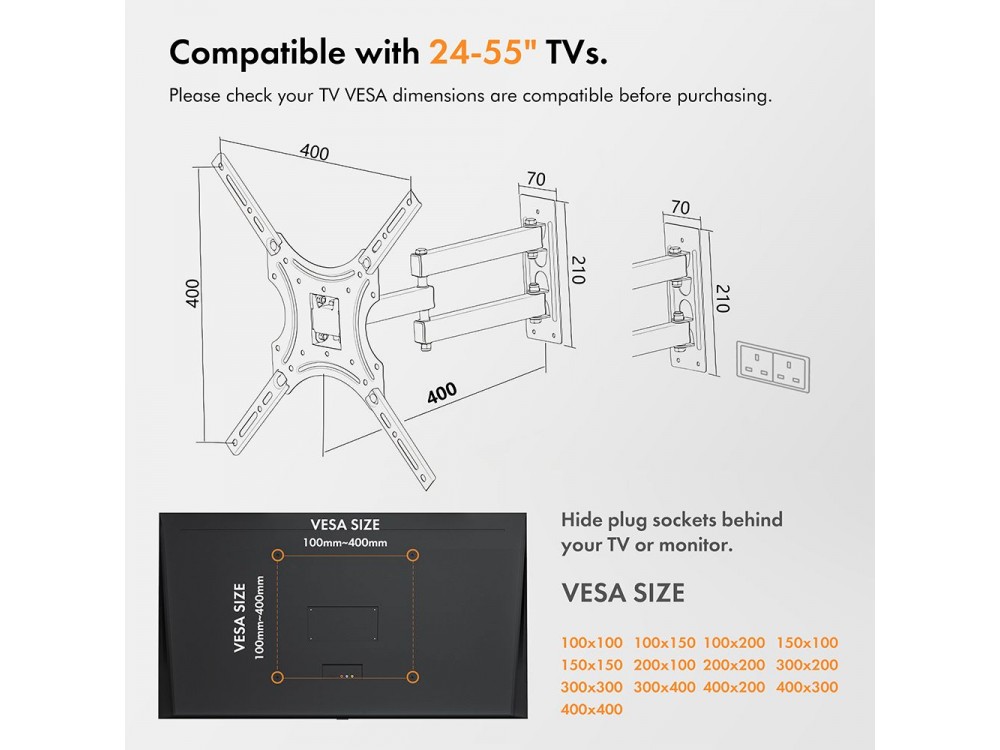 VonHaus TV Mount, Tilt & Swivel, Adjustable arm for TV 23”-55”, up to 35kg - 05/054