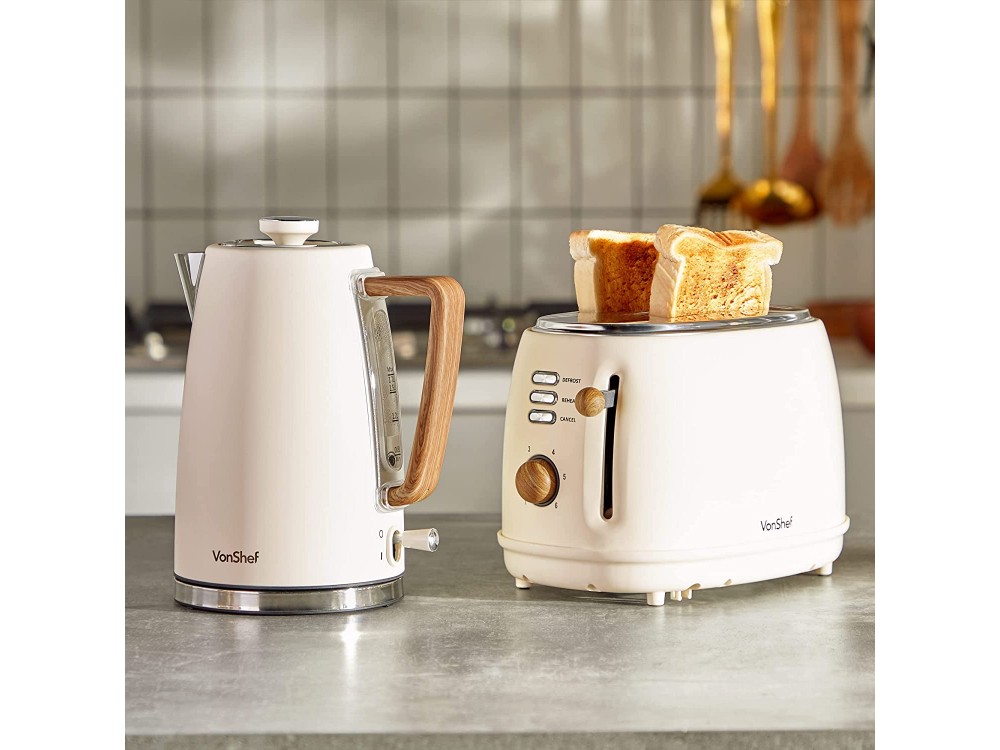 VonShef Cream and Wood Toaster, Φρυγανιέρα 850W με Θερμοστάτη 6 Επιπέδων, High Lift-Eject & Δίσκο για Ψίχουλα