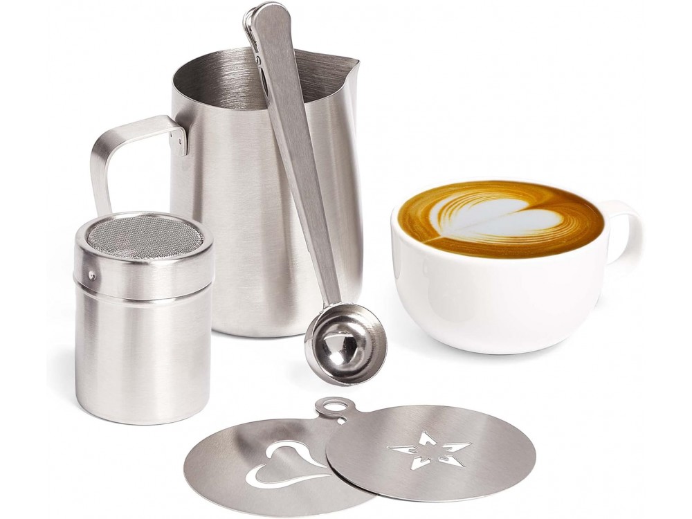 VonShef 5-Piece Stainless Steel Barista Set, Σέτ με Κανάτα για Αφρόγαλα, Κλίπ/Κουτάλα Σέσουλα, Δοχείο Σοκολάτας & 2 Στένσιλ