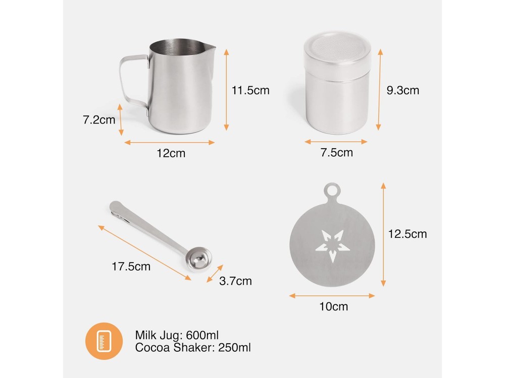 VonShef 5-Piece Stainless Steel Barista Set, Milk Jug Set, Clip/Spoon Scoop, Chocolate Container & 2 Stencils