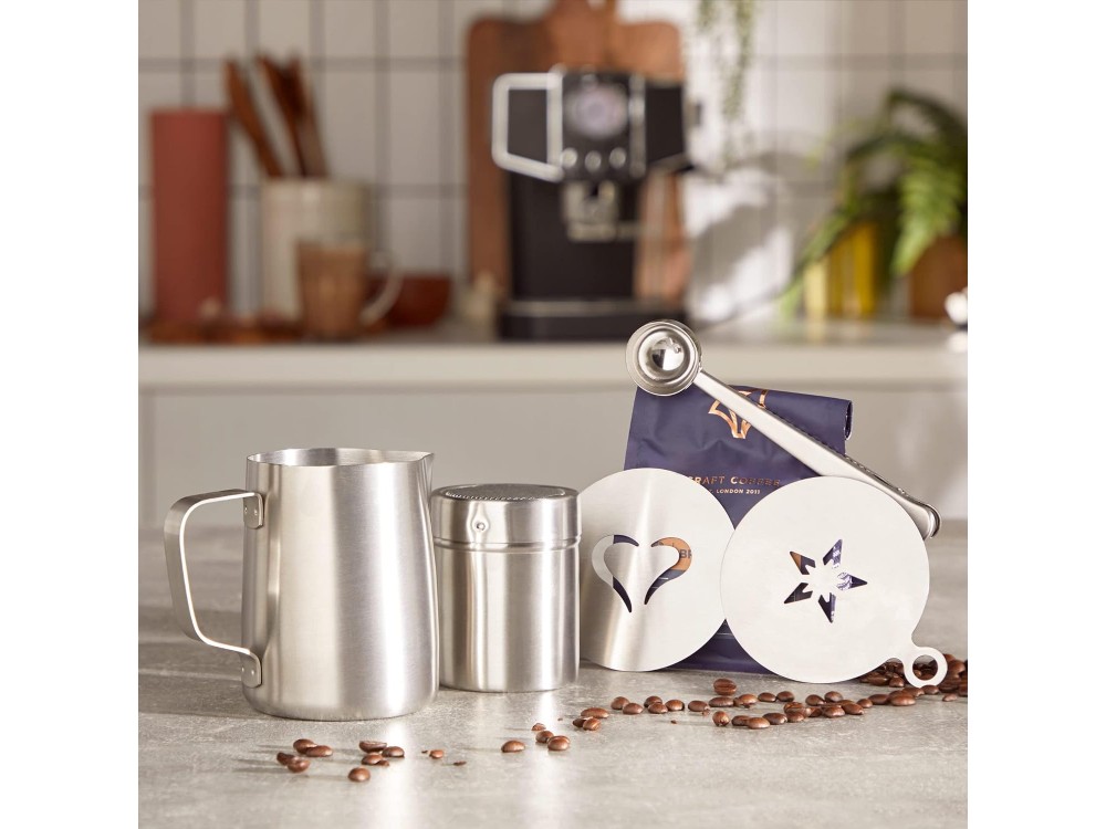 VonShef 5-Piece Stainless Steel Barista Set, Milk Jug Set, Clip/Spoon Scoop, Chocolate Container & 2 Stencils