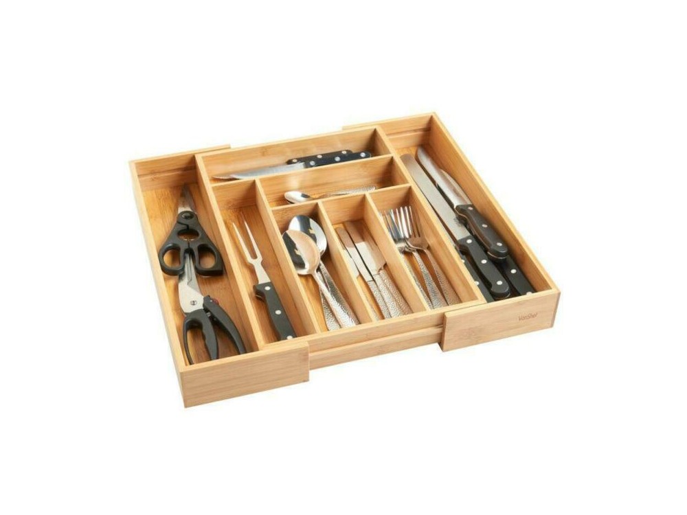 VonShef Extendable Bamboo Cutlery Tray, 6-8 compartments - 07-673