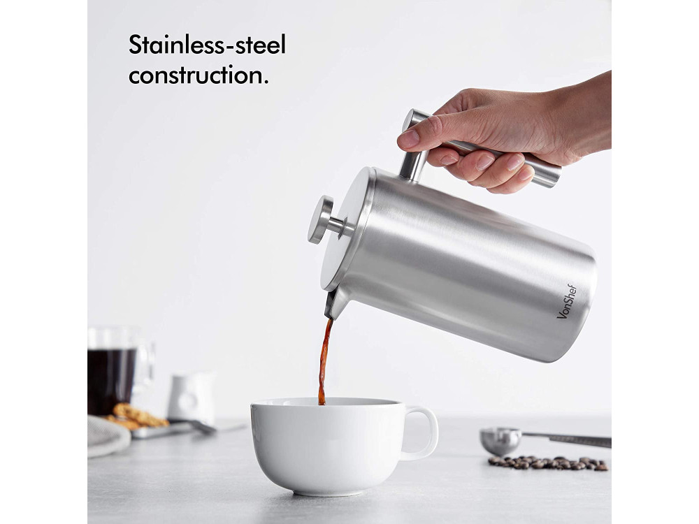 VonShef Cafetiere Stainless Steel, Καφετιέρα Γαλλικού Χειρός 600ml, με Κουτάλι και Σακούλα