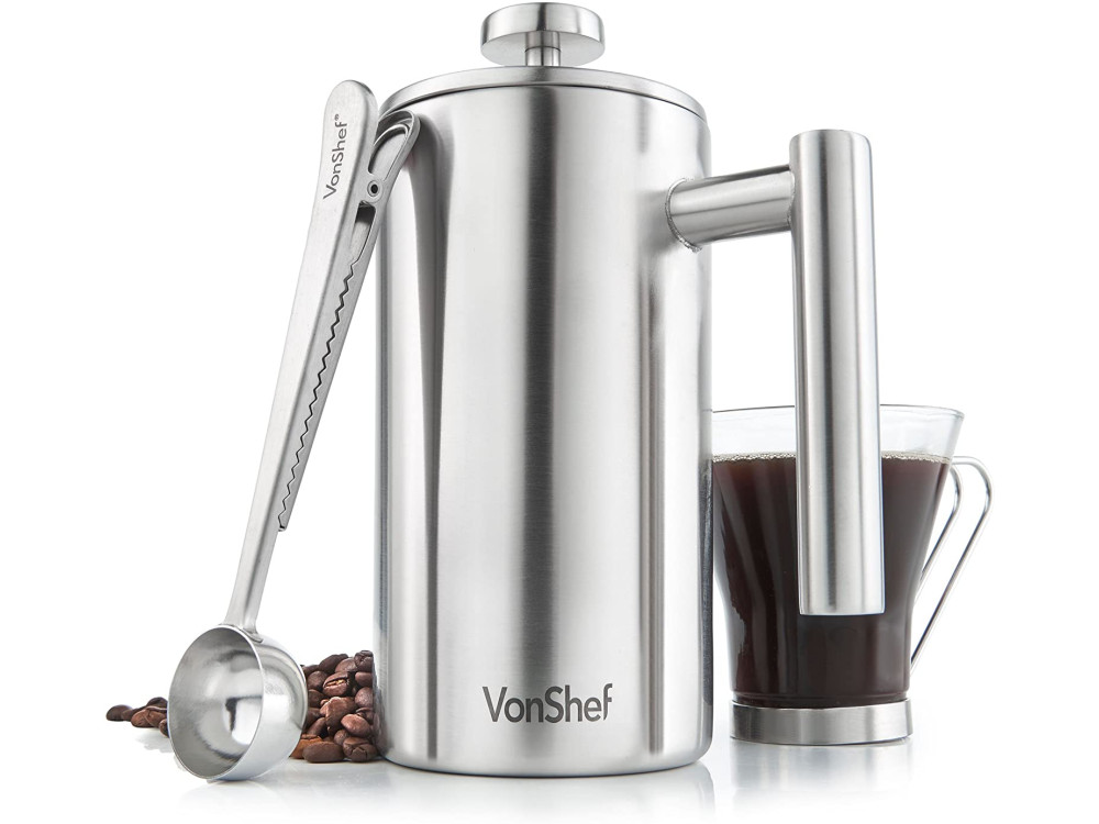 VonShef Cafetiere Stainless Steel, French Hand Coffee Maker 600ml, with Spoon