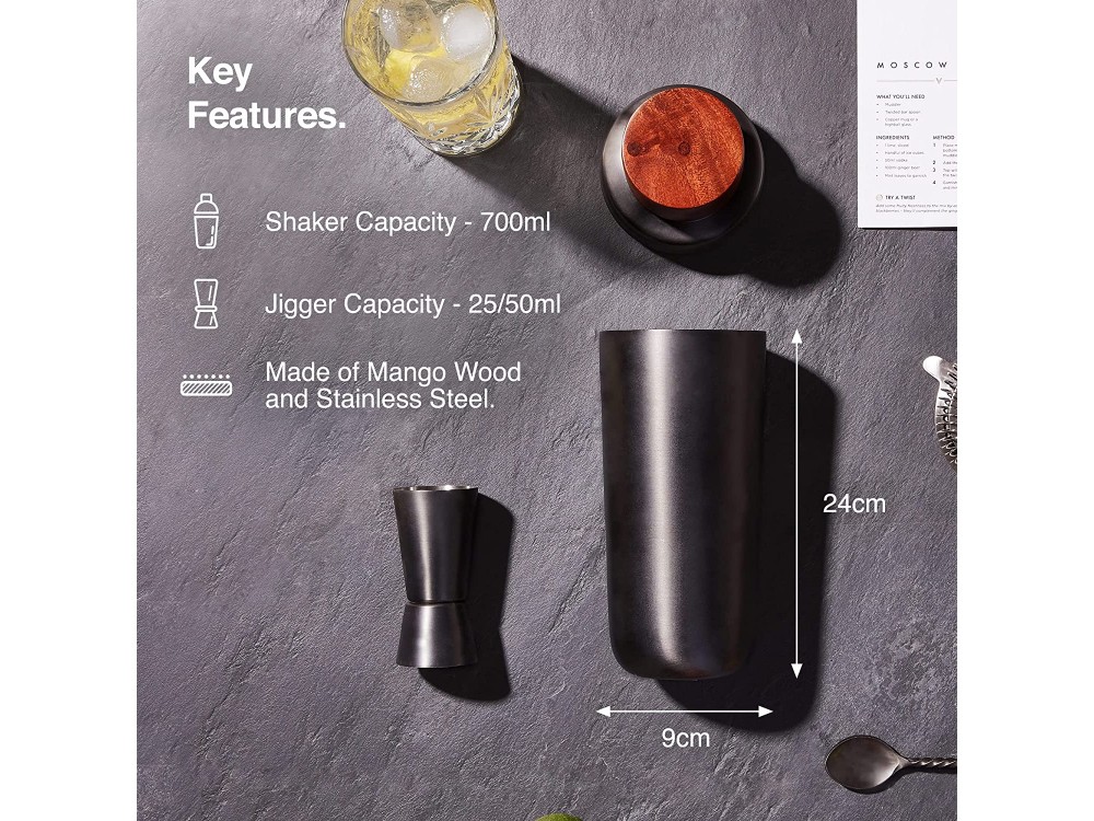 VonShef Cocktail Set 5pcs Stainless Steel, with 700ml Shaker, Mango Wood & Graphite