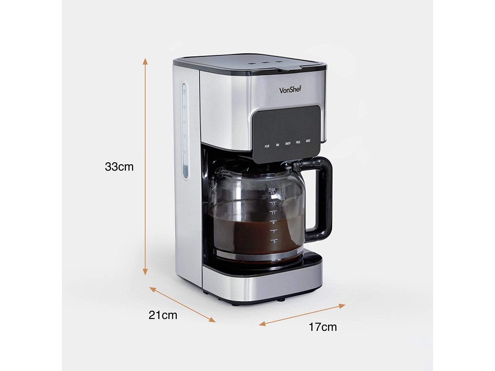 VonShef Filter Coffee Machine, Καφετιέρα Φίλτρου Γαλλικού με Γυάλινη Κανάτα 1.5L, Timer & LCD Display