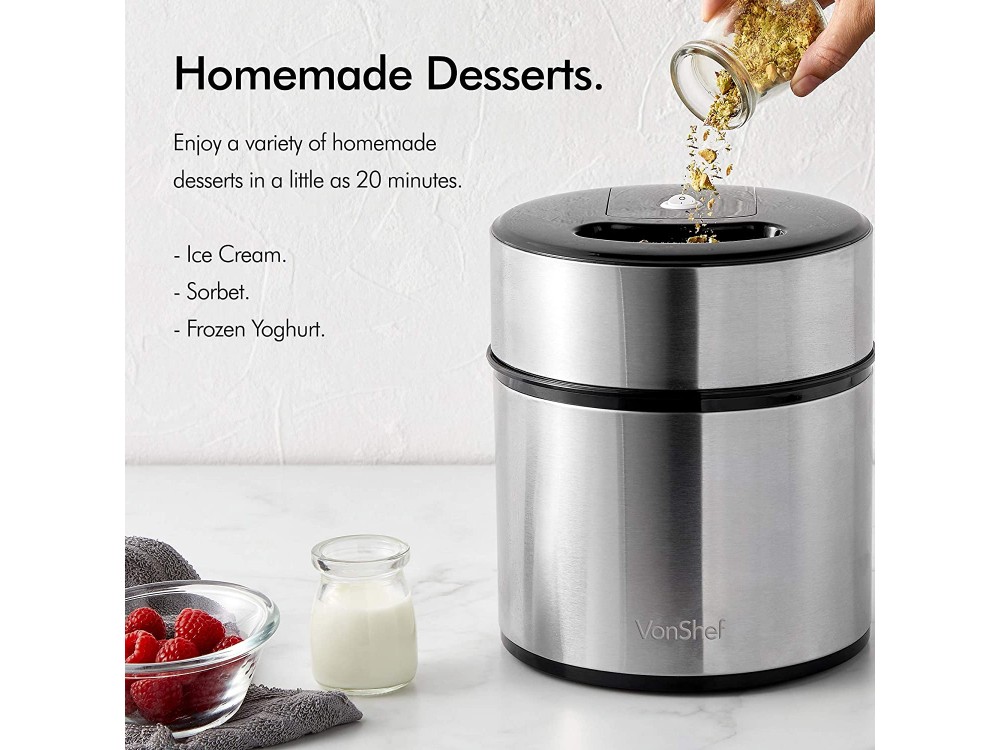 VonShef Ice Cream Maker Machine 2lt., for healthy gelato, fozen yogurt, sorbet ect