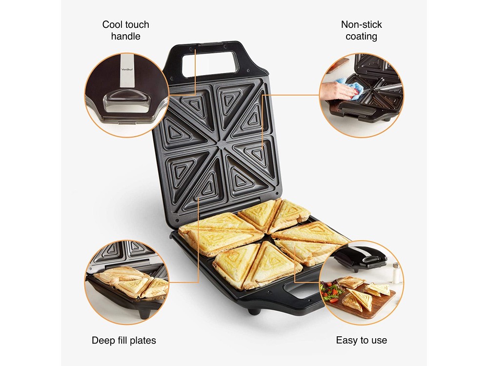 VonShef toaster for 4 toasts 1600W, non-stick plates & Cool Touch Handle, Black