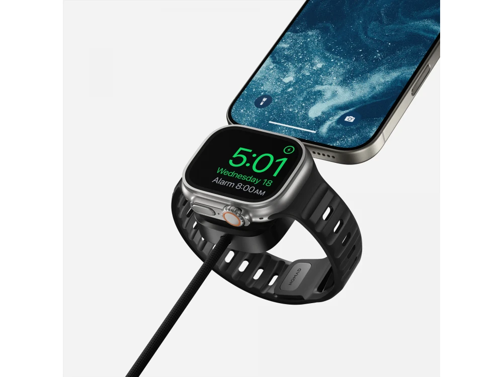 Nomad 2-in-1 Universal Cable 1.5m., Kevlar USB-C to USB-C 100W Cable with Built-in Charger for Apple Watch, Black