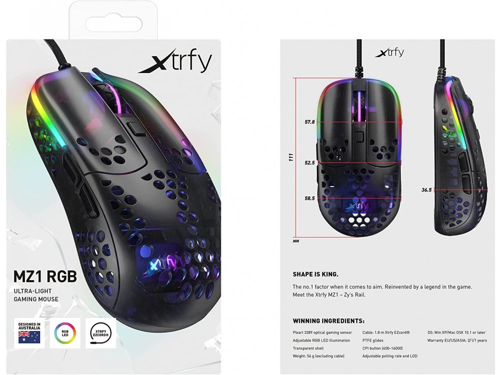 Xtrfy MZ1 ZY’S Rail RGB Optical Gaming Mouse, Gaming Ποντίκι 16.000 DPI, Μαύρο
