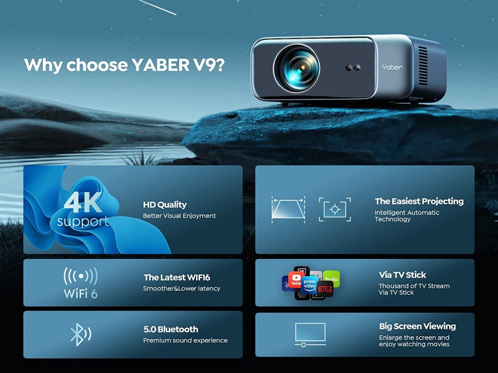 Yaber Pro V9 Projector Full HD 1080p Native resolution, 500 ANSI Lumens, Bluetooth 5.0 & WiFi, with Case