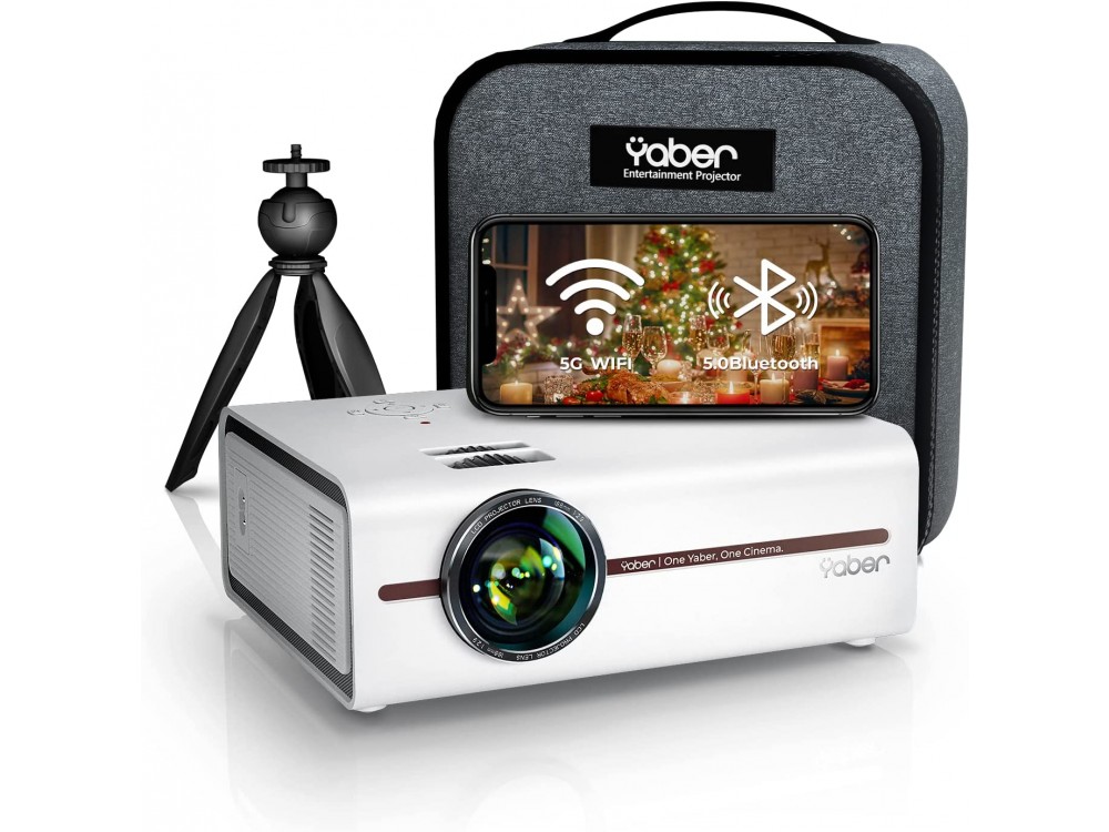 Yaber V5 Mini Projector HD 720p Native resolution, 7500 Lumens, 8000:1 Contrast Bluetooth 5.0 & WiFi, with Case & Tripod