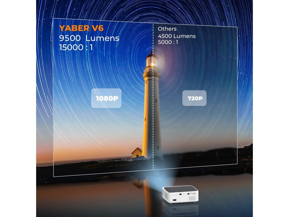 Yaber V6 Projector Full HD 1080p Native resolution, 9500 Lumens, 10.000:1 Contrast, Bluetooth 5.0 & WiFi, με Θήκη, Λευκός