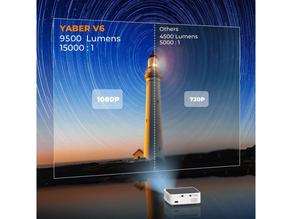Yaber V6 Projector Full HD 1080p Native resolution, 9500 Lumens, 10.000:1 Contrast, Bluetooth 5.0 & WiFi, με Θήκη, Λευκός