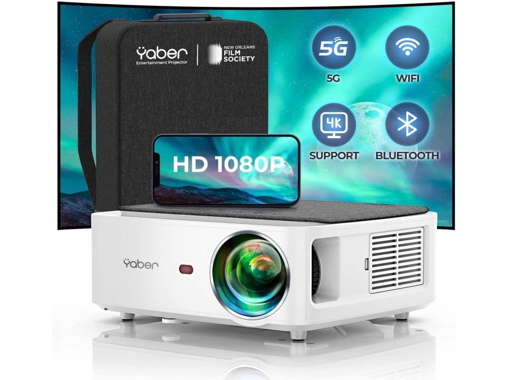 Yaber V6 Projector Full HD 1080p Native resolution, 9500 Lumens, 10.000:1 Contrast, Bluetooth 5.0 & WiFi, με Θήκη, Λευκός