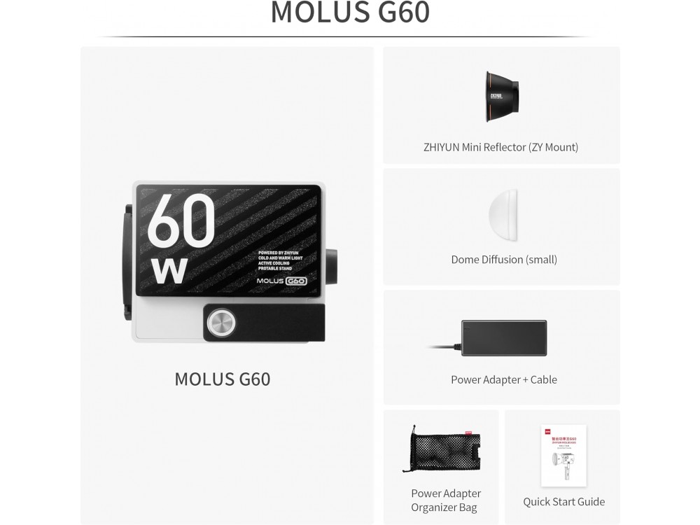 Zhiyun MOLUS G60 Bi-Color Pocket COB LED Monolight 60W με Θερμοκρασία Χρώματος 2700-6500K